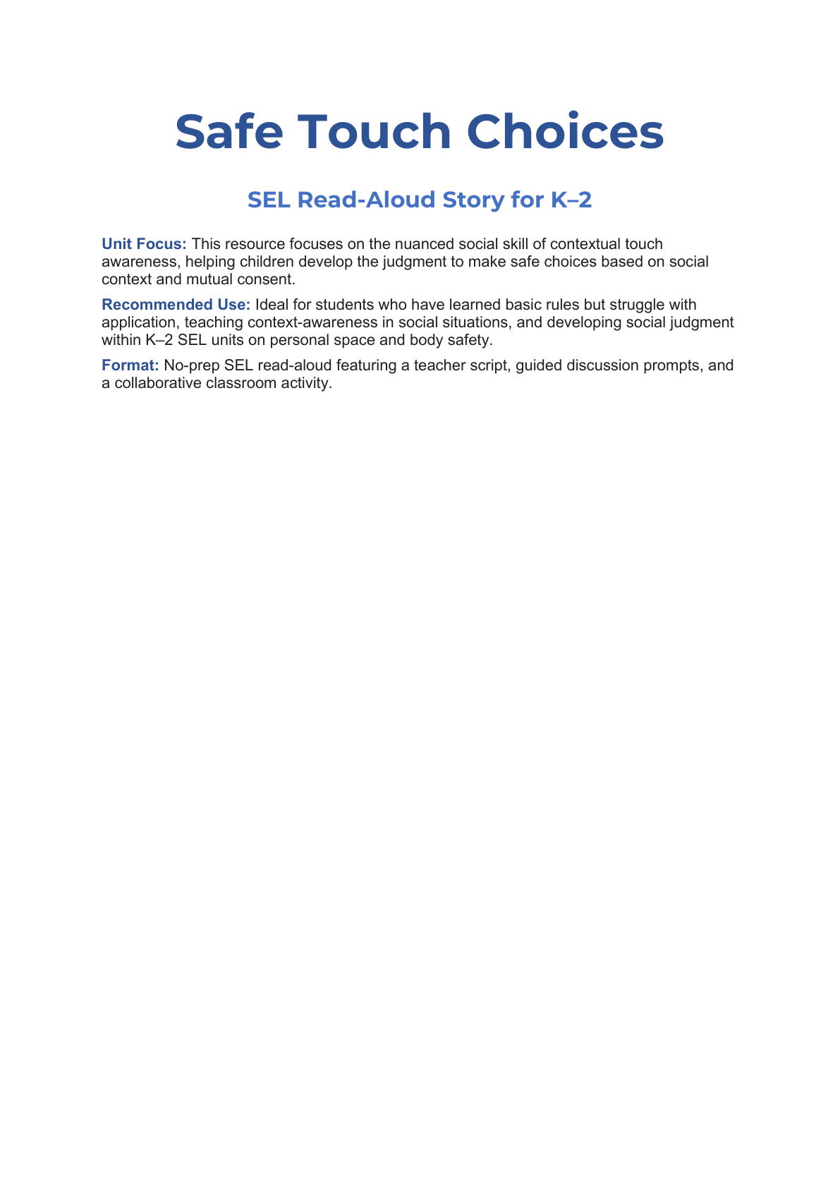 Safe Touch Choices Social Story for K–2